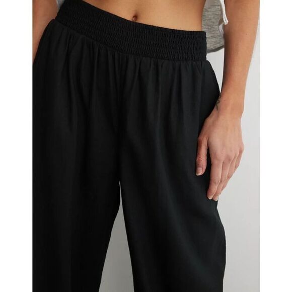 Aerie High Waisted Linen Blend Pants size L Regular Black Pull On - Picture 3 of 10
